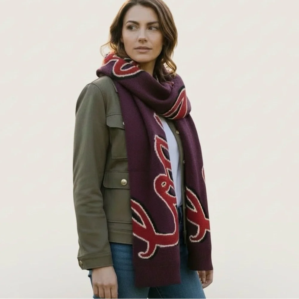 NWT Coach Logo Varsity Script Print Oxblood Scarf - Picture 1 of 5